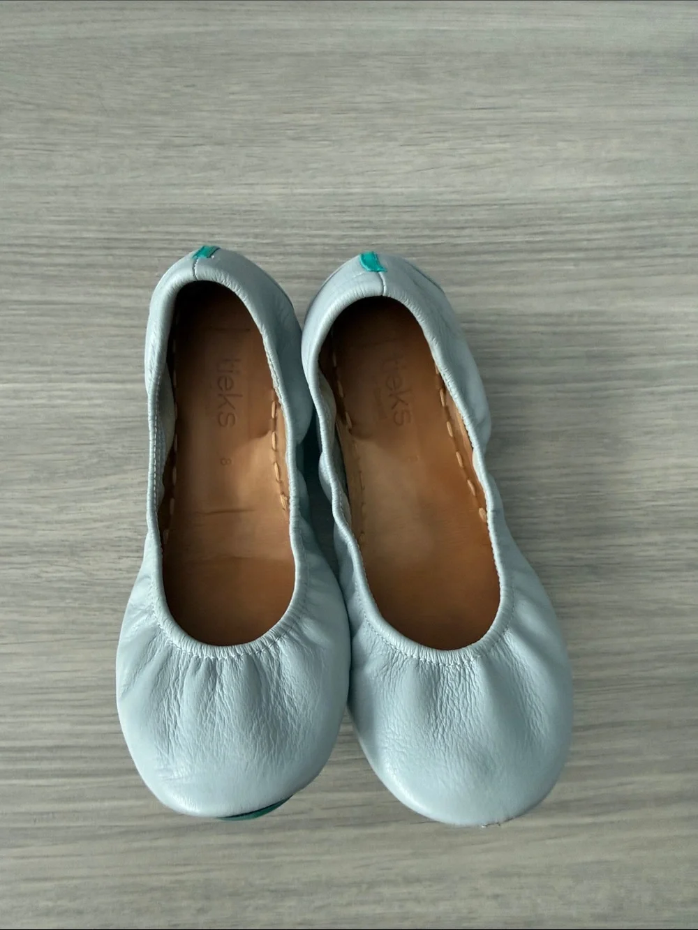 Tieks Women's Pale Blue Leather Ballet Flats with Teal Heel Tab